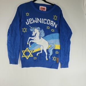 Tipsy Elves Vibrant Blue Sweater With A MENORAH hanukkah Cap